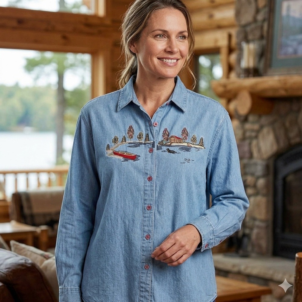 Northern‎ Reflections Denim Shirt Womens XL Blue Embroidered Cabin Canoe Cotton